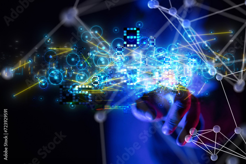 Neural network 3D illustration. Big data and cybersecurity