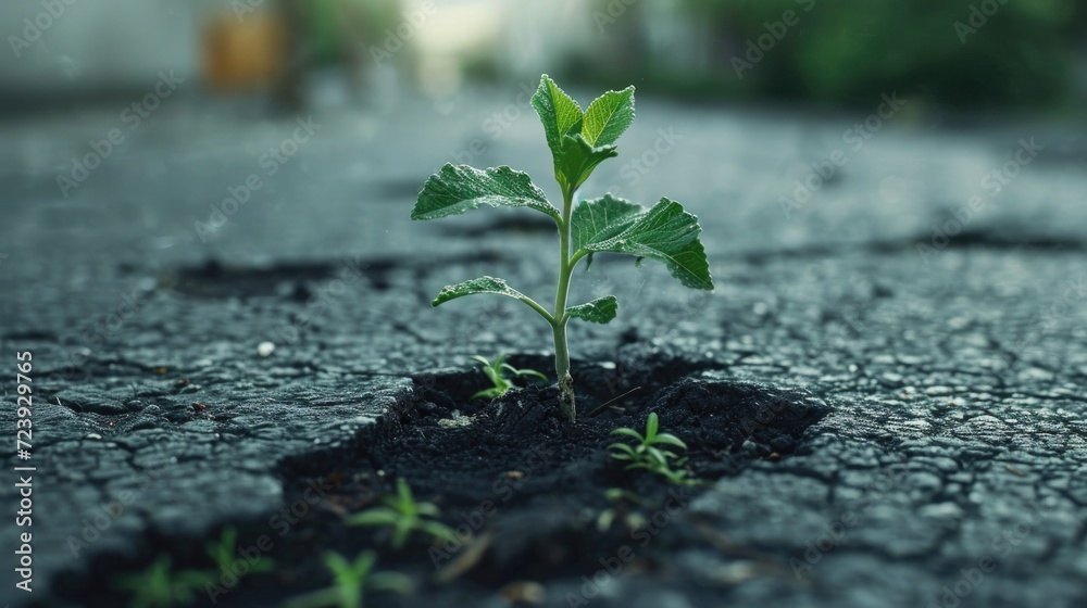 Plant sprout growing from crack in asphalt road. Nature concept - obrazy, fototapety, plakaty 