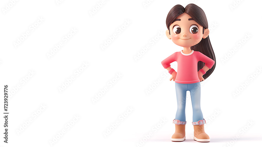 A charming and lovable 3D rendered cartoon character of a woman, radiating cuteness and elegance. With her vivacious expression and flawless design, she is perfect for various projects. Isol