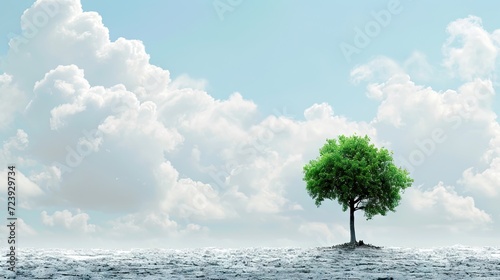 Conceptual image of green tree in water with clouds on background