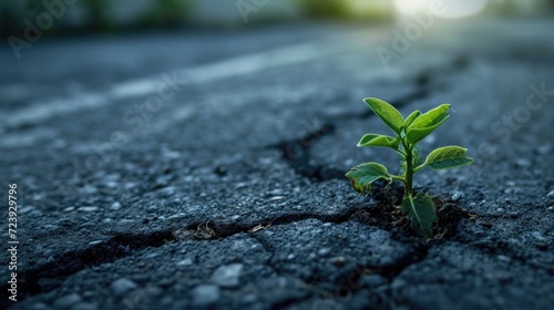 Green sprout growing from crack on asphalt road. Concept of new life