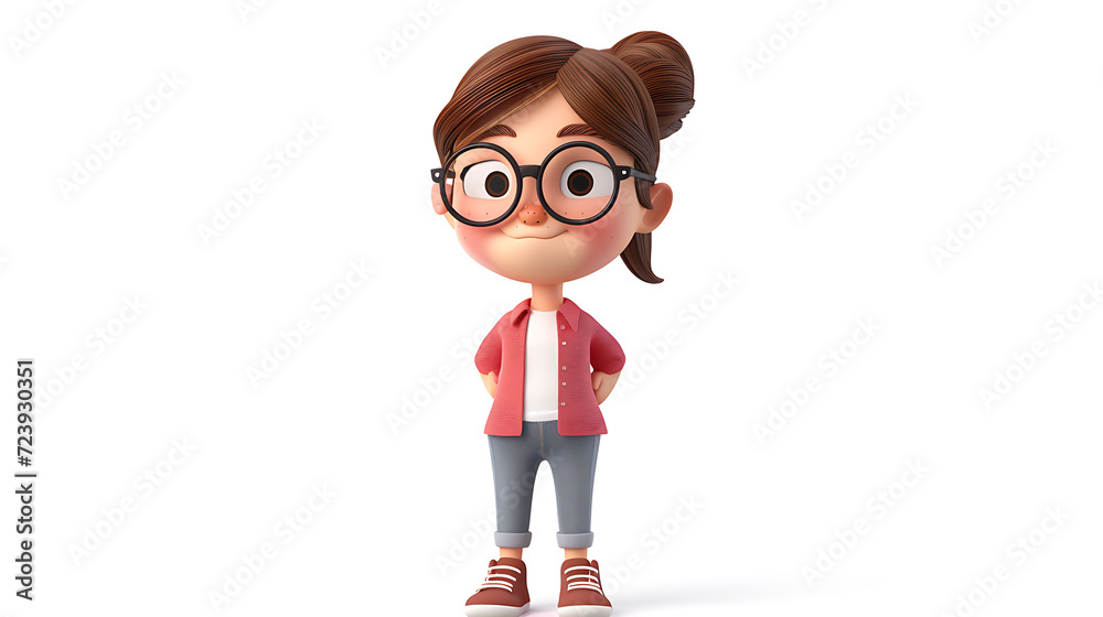 A delightful 3D rendered cartoon character of a cute woman, radiating charm and vibrancy. With her expressive eyes and rosy cheeks, this character is perfect for any project requiring a touc