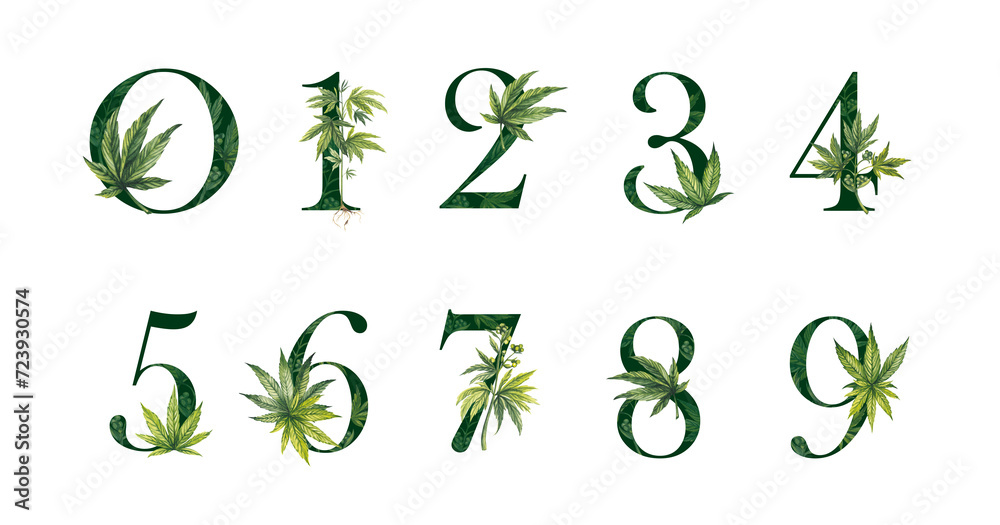 A set of green natural numbers with a cannabis leaf texture. The numbers are suitable for invitations, posters, covers, and cards. Illustrations with marijuana on a transparent background. - obrazy, fototapety, plakaty 