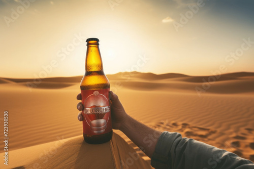 Person holding beer bottle in the middle of the sandy desert