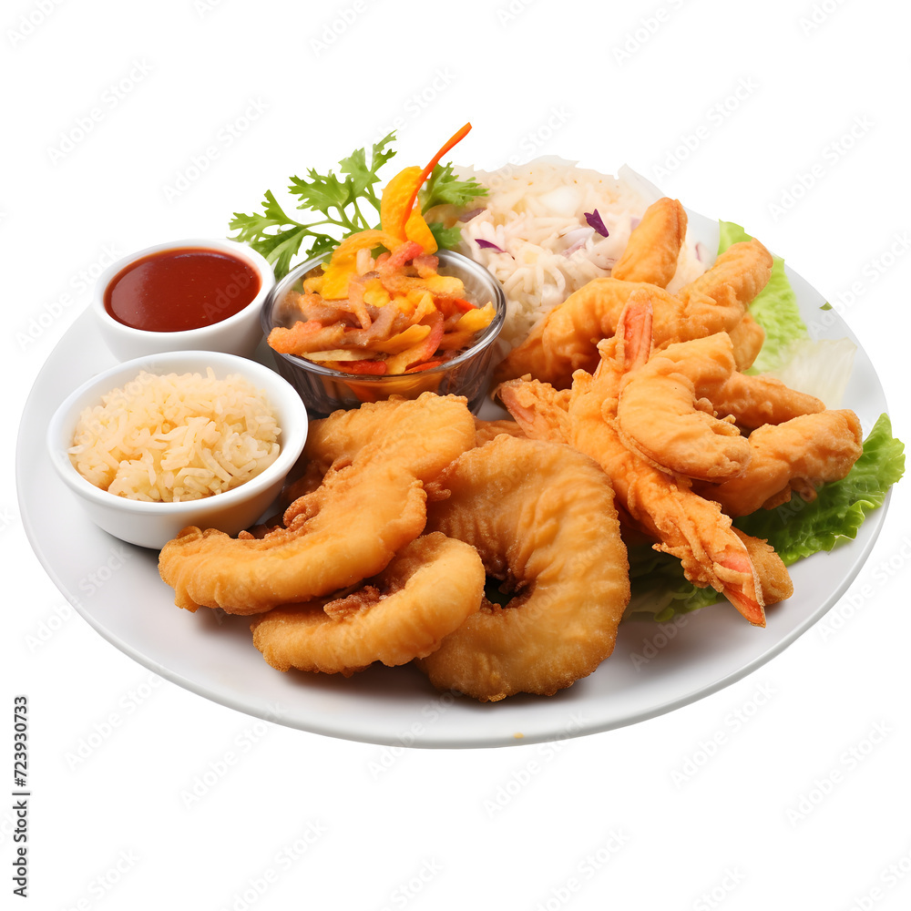 Deep-fried battered prawns in a black plate with vegetables and dipping sauce on png background Deep-fried battered prawns in a black plate with vegetables and dipping sauce on png background