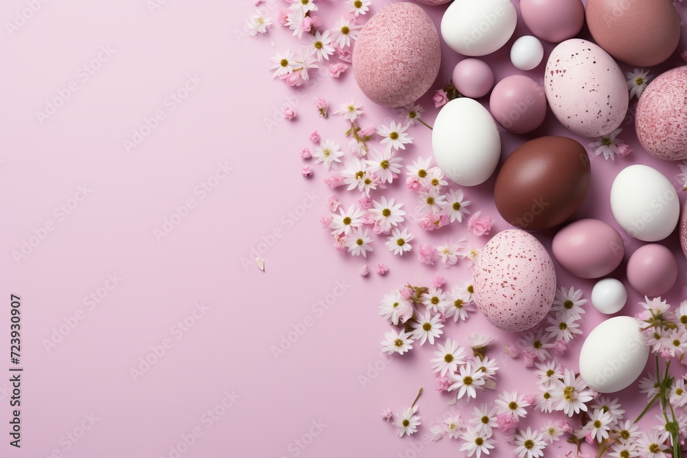 Pastel easter eggs on soft pink background with flowers, top view, empty space for text Pastel easter eggs on soft pink background with flowers, top view, empty space for text