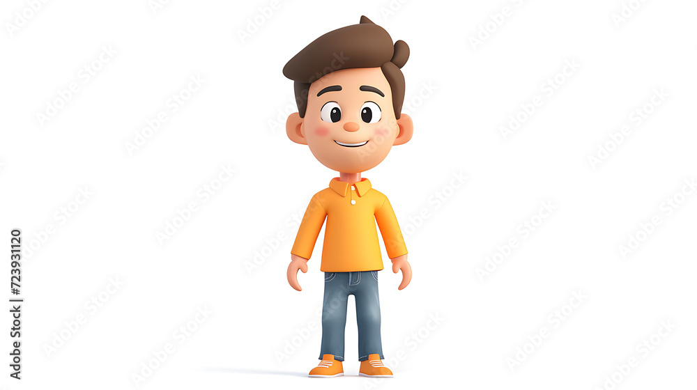 Adorable 3D-rendered male cartoon character with a captivating appeal, standing proudly on a white backdrop. Ready to add vibrancy and charm to any project.