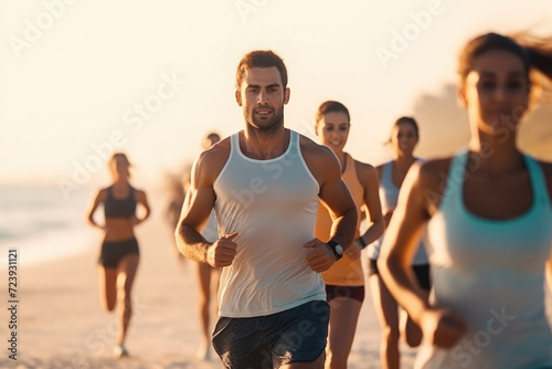 Diverse group of people jogging together at coastline beach of ocean, tropical climate summertime, healthy habit for adult, running club workout in morning, wear sportswear for sportsman. Sunset rays
