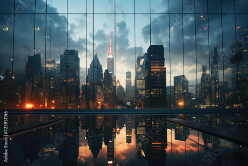 Modern skyscrapers in business district in evening light at sunset. Reflection in glass
