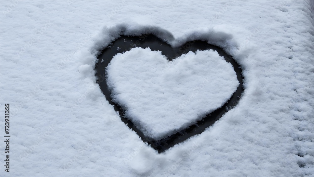 Heart shape love sign, drawn on a snow-covered ice on a winter lake with copy space. Romantic backdrop.
drawing of love heart in the snow. snow on glass surface
Red heart in snow.
