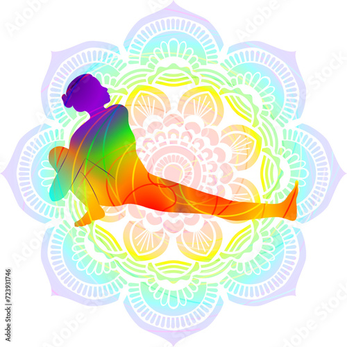 Colorful silhouette of yoga. Skandasana. Bound Side Lunge pose. Intermediate Difficulty. Isolated vector illustration