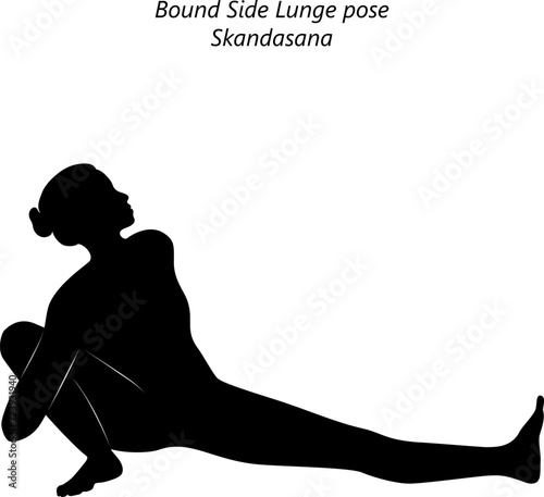 Silhouette of woman doing yoga Skandasana. Bound Side Lunge pose. Intermediate Difficulty. Isolated vector illustration