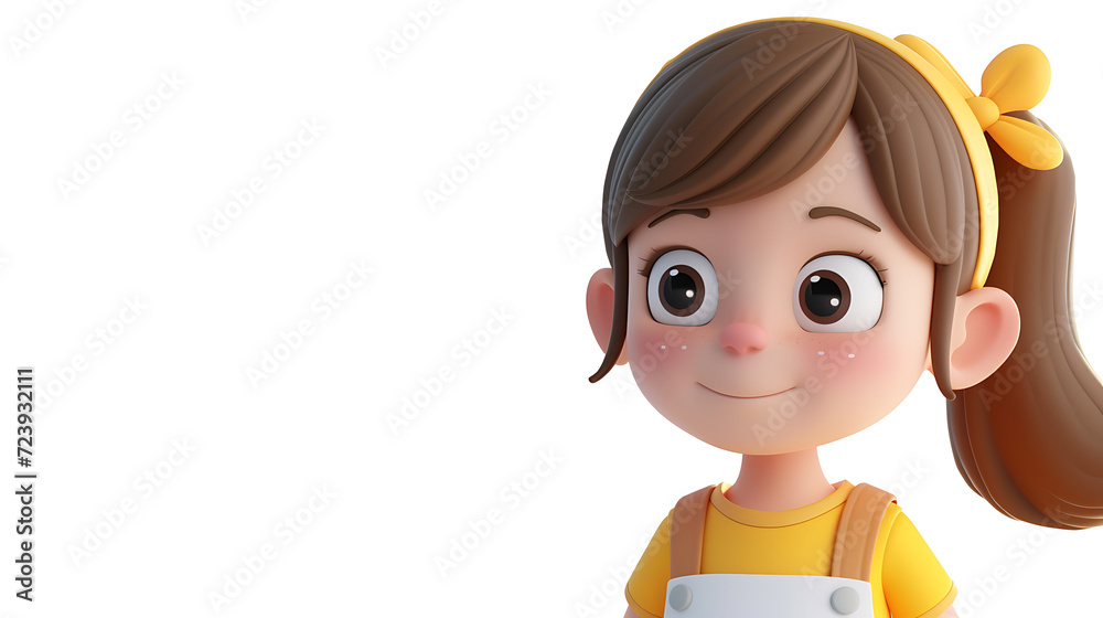 A delightful 3D rendered cartoon character of a cute child girl, with rosy cheeks and big expressive eyes, captured in an endearing pose. This adorable character is perfect for adding charm