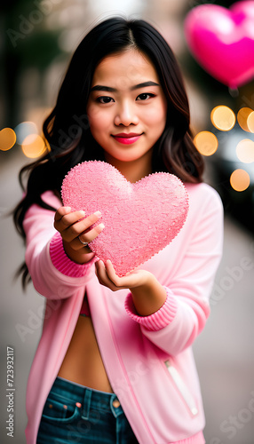 Valentine's Day, portrait of a young girl holding hearts in her hands, pink background, beautiful smile on the girl's face, expressive eyes, Valentine's Day holiday, heart in the girl's hands, bokeh