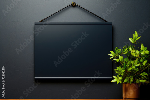 Blank black glass signplate on grey wall mockup photo