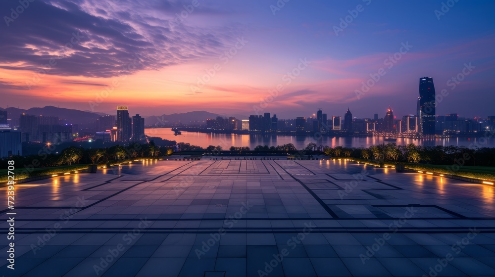 night scene of hangzhou new city from empty floor