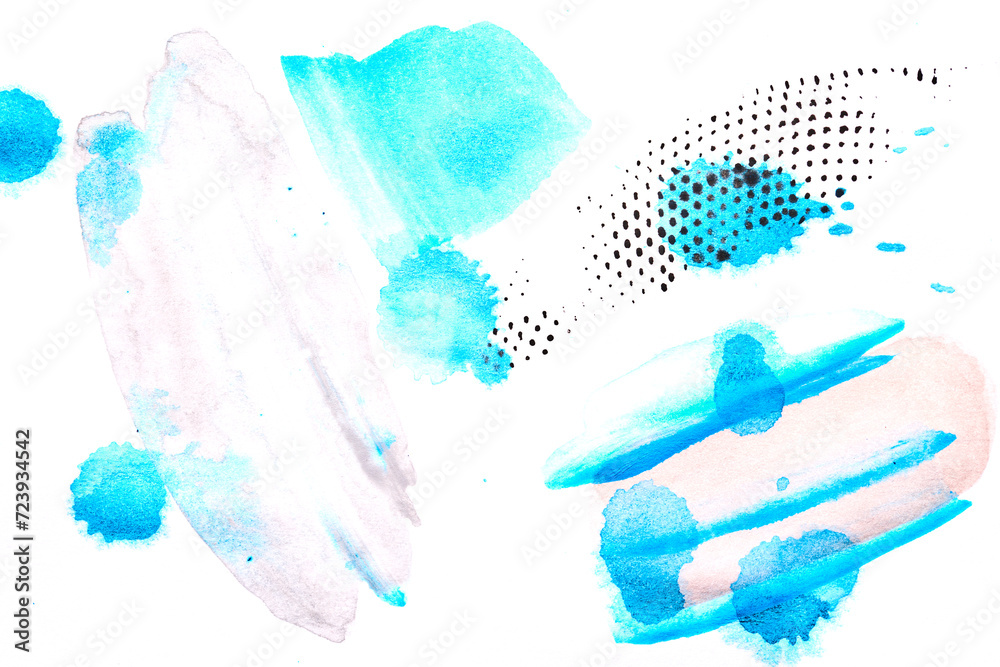 Fototapeta premium Abstract art background. Watercolor blots, lines, dots and brush strokes on white paper, print pattern for postcard or clothing