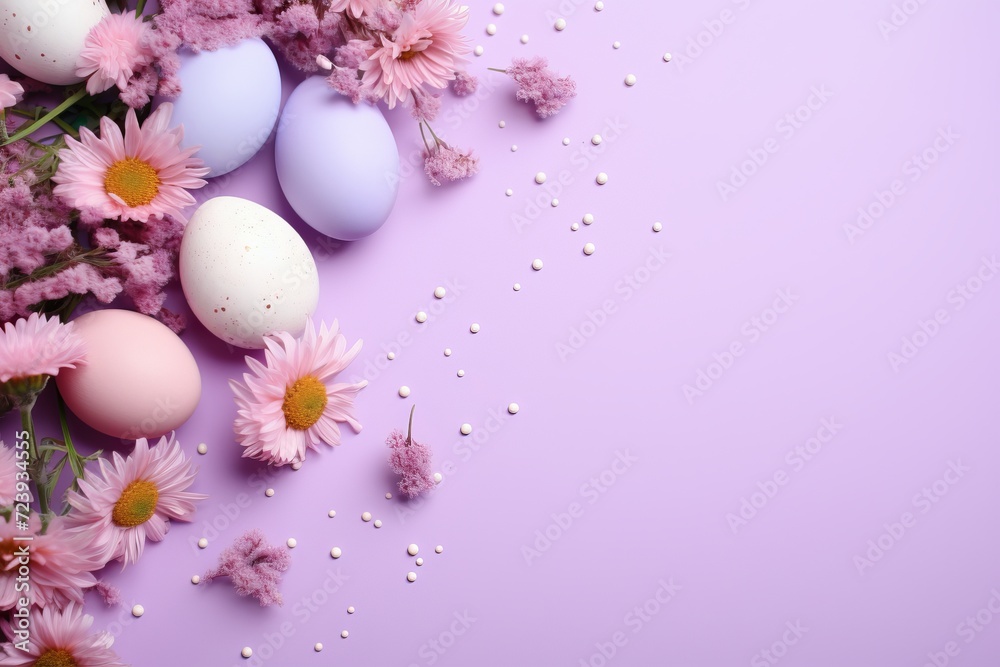 Pastel easter eggs with floral surround on soft pink background, top view, copy space for text