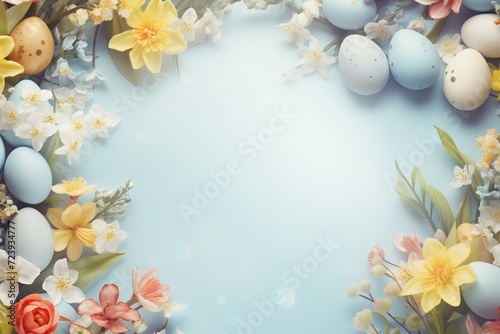 Pastel easter eggs on soft blue and yellow backgrounds with flowers - top view, ample space for text