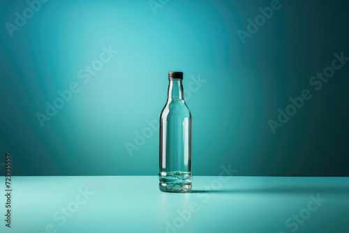 Bottle of pure drinking or mineral water stands on a turquoise background. Mockup