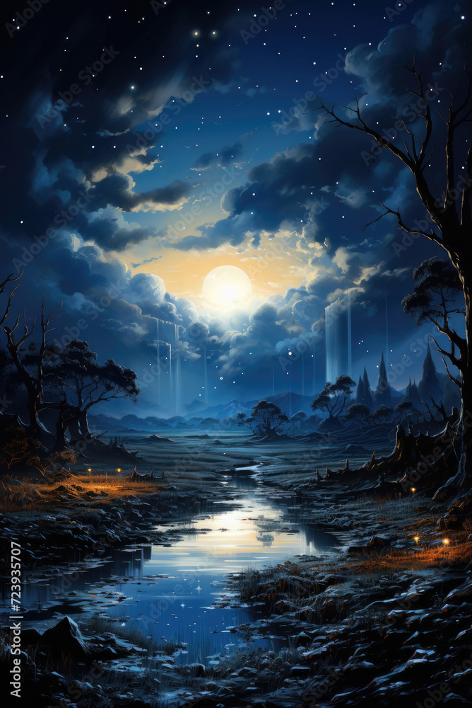 Night landscape with starry sky and mountain river Night landscape with starry sky and mountain river