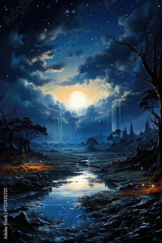 Night landscape with starry sky and mountain river