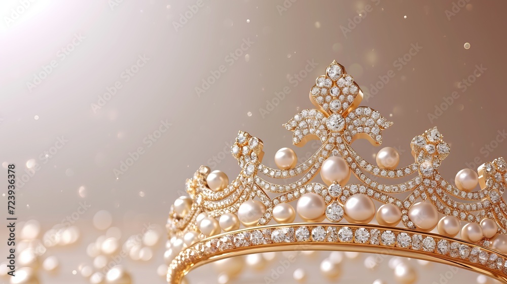 Gold tiara with pearls and diamonds on a beige backdrop Gold tiara with pearls and diamonds on a beige backdrop