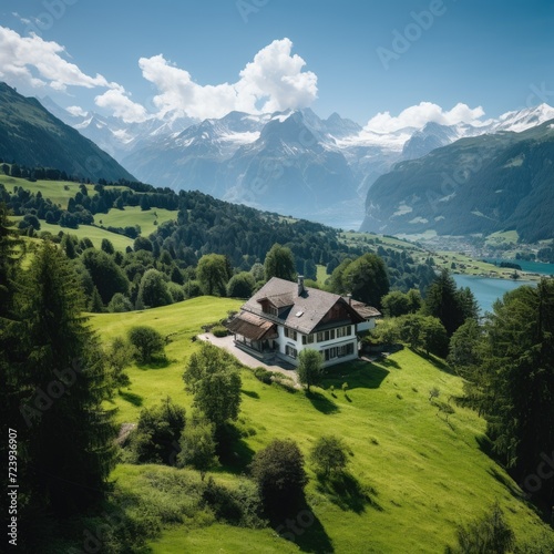 Swiss Alpine Village nestled in the picturesque mountains of Switzerland, surrounded by lush green meadows, towering peaks, and a scenic landscape under the summer sky