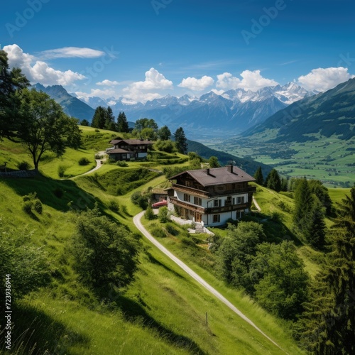 Swiss Alpine Village nestled in the picturesque mountains of Switzerland, surrounded by lush green meadows, towering peaks, and a scenic landscape under the summer sky