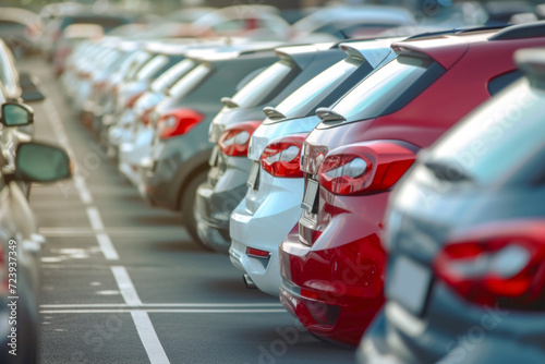Many cars parked at parking area .Car rental service.Used car business .Car dealer concept .