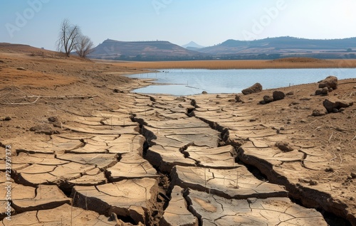 A dried lake on water surface, water scarcity and drying rivers concept