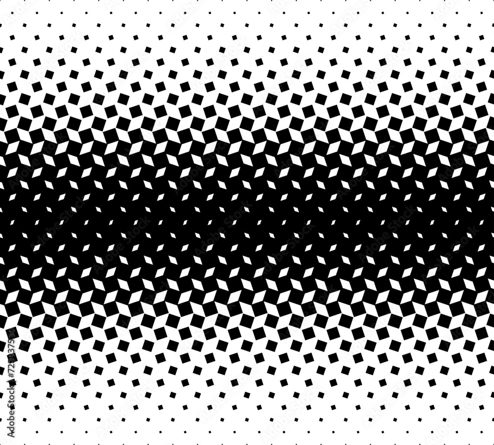Geometric pattern of black squares on a white background. Seamless in one direction. Medium fade out