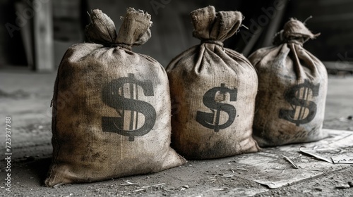 Three bags with a dollar sign. Cash, interest rate, business and finance, return on investment, prepayment and down payment concept, saving. Minimalistic style. photo