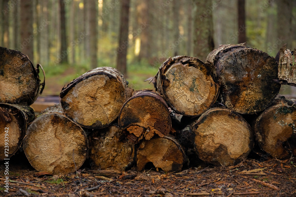 Pile of cut tree trunks in forest. Nature background. Pile of firewood in the forest. Firewood in the forest. Pile of cut tree trunks in forest. Nature background. Pile of firewood in the forest. Firewood in the forest.