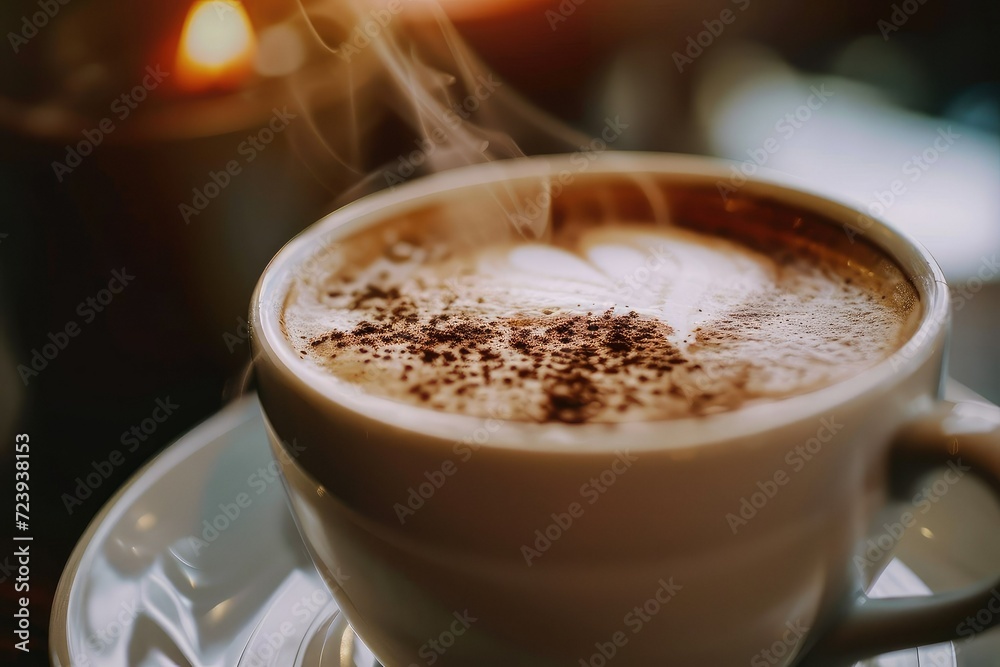 A cup of steaming hot coffee with a heart-shaped foam art withcopy space. A cup of steaming hot coffee with a heart-shaped foam art withcopy space.