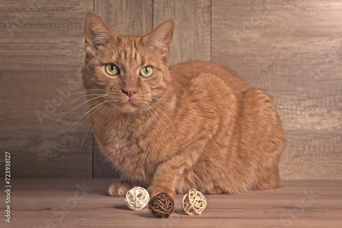 Cute red cat sitting next to decoration wicker balls and looking at camera. Horizontal image.