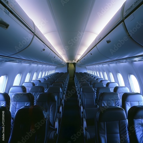 ambient lighting enhances the spacious cabin, and rows of neatly arranged seats invite passengers to relax during their journey. The overhead compartments and the view of the airplane's wings