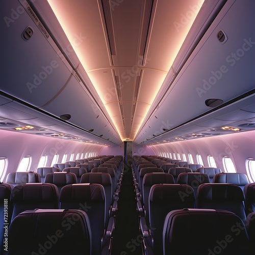 ambient lighting enhances the spacious cabin, and rows of neatly arranged seats invite passengers to relax during their journey. The overhead compartments and the view of the airplane's wings