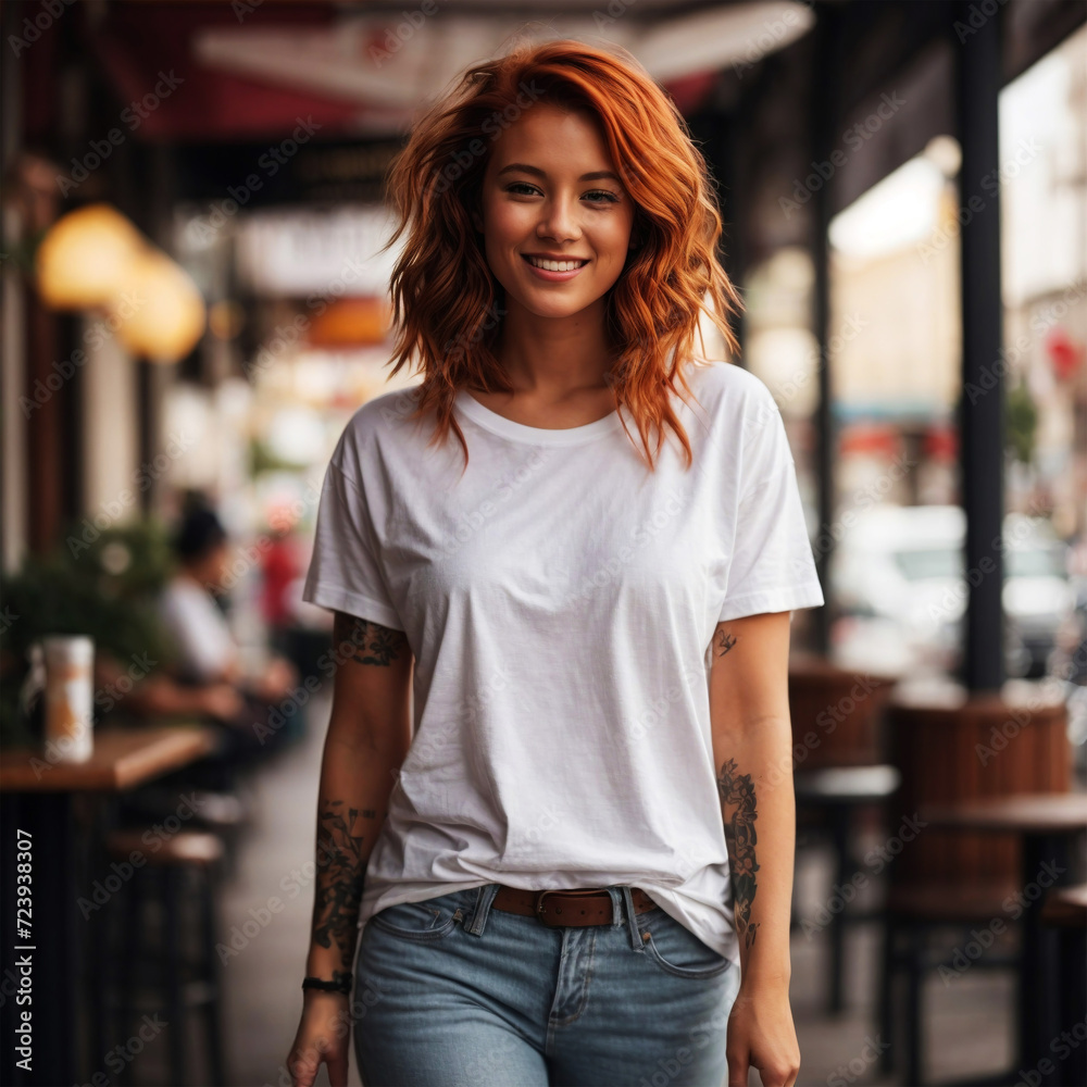 White T-Shirt Mockup Template with a Beautiful Young Redhead Woman Walking on the Street on a Sunny Summer Day. Lifestyle Photography. Perfect for Online Shops, Portfolios and Social Media Marketing.