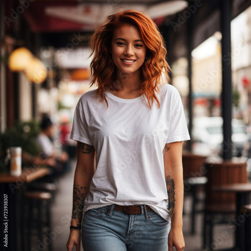 White T-Shirt Mockup Template with a Beautiful Young Redhead Woman Walking on the Street on a Sunny Summer Day. Lifestyle Photography. Perfect for Online Shops, Portfolios and Social Media Marketing.