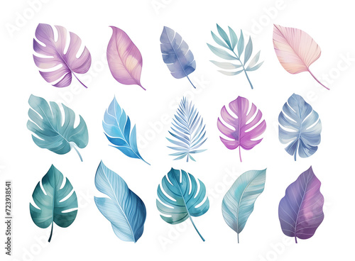 Tropical leaves collection  in watercolor style isolated on  white background