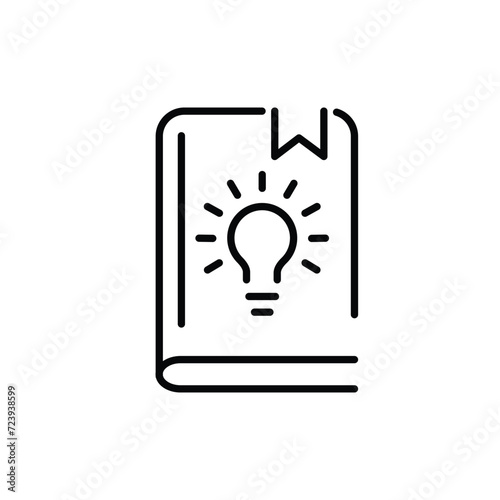 abstract black icon with thin line book and light bulb. concept of business literature publishing or bookstore pictogram. linear trend modern brochure info logotype design element isolated on white
