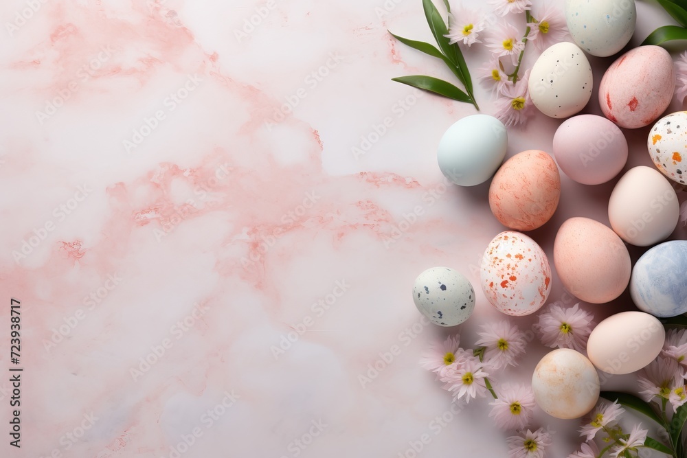 Pastel easter eggs with flowers on soft pink background, top view, empty space for text Pastel easter eggs with flowers on soft pink background, top view, empty space for text