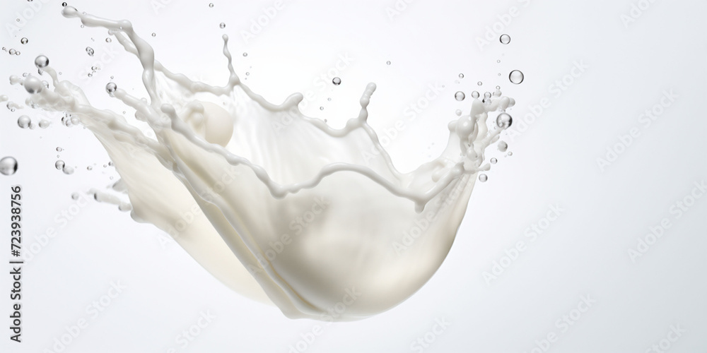 Banner with Milk being poured into a glass, A dynamic splash of milk or white colour against a white backdrop, capturing a lively interplay of light and fluid shapes