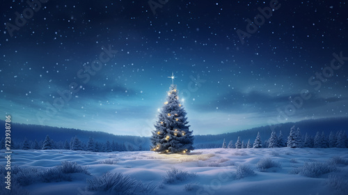 majestic illuminated Christmas tree stands in a snowy meadow, Enchanting snowy night background, highlighting a majestic fir tree, Frosty Winter Wonderland, Majestic Christmas Tree, Generative AI © HayyanGFX