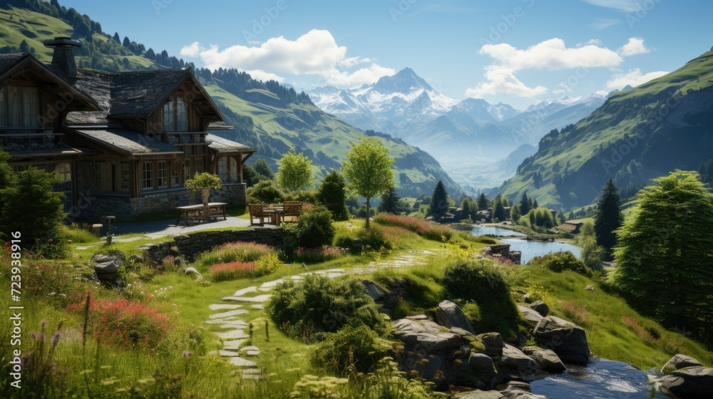 Mountain village nestled in scenic mountains with a tranquil lake, surrounded by lush greenery and picturesque nature, featuring charming houses, flowing river, and a clear blue sky – a perfect summer