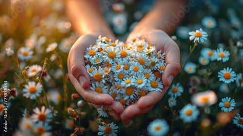 Children's hands in delicate colors depict a heart. Summer photo on a chamomile meadow. Holiday card