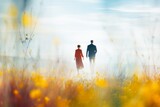 silhouettes of a couple walking in nature on a sunny day. Generative AI