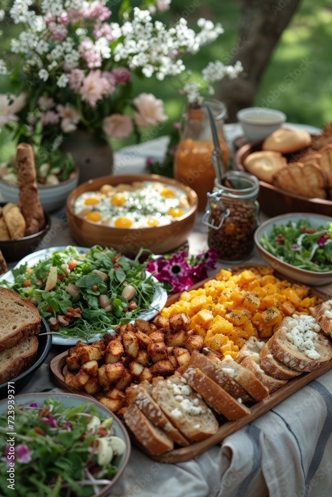 Easter breakfast in a picturesque garden setting. The picnic blanket features eggs, fresh bread, fresh salads and other snacks.