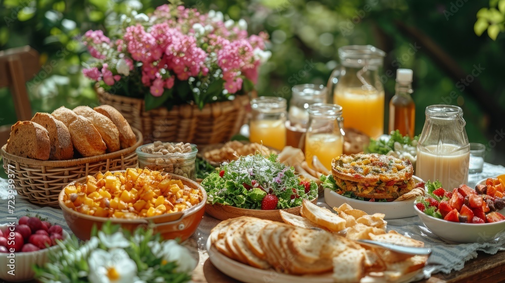A garden picnic setup for Easter breakfast, including sandwiches, quiches, fresh salads, bread and different beverages